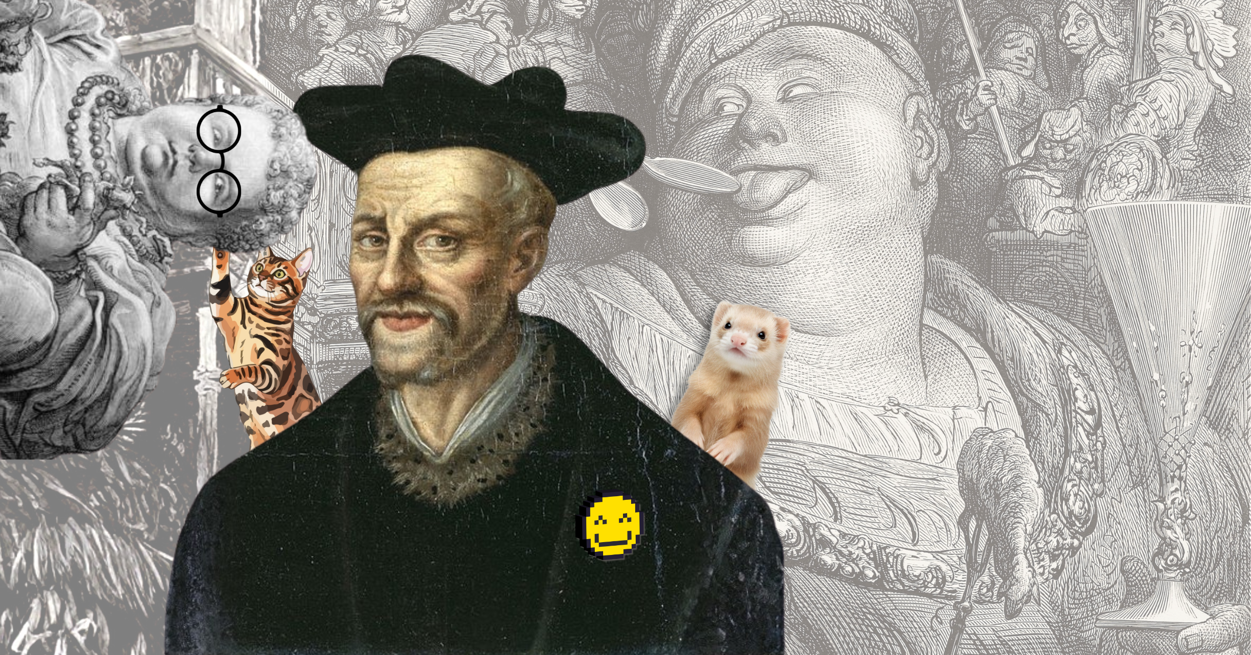 Image humoristique éditée de Rabelais avec collages modernes et références visuelles à son univers littéraire ainsi qu’au contenu du billet de blog associé.