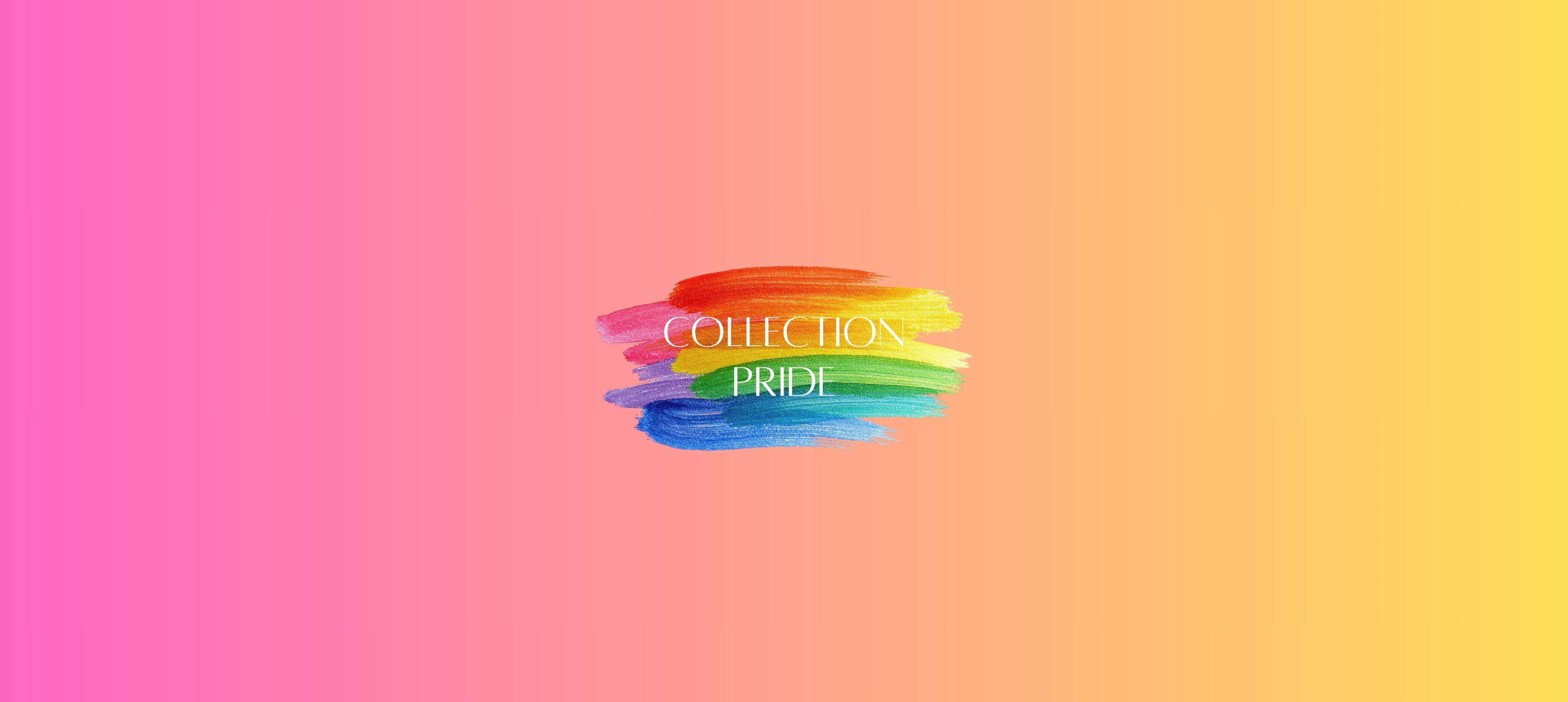 Bannière de collection Pride avec fond dégradé rose, orange et jaune et coup de pinceau arc-en-ciel au centre.