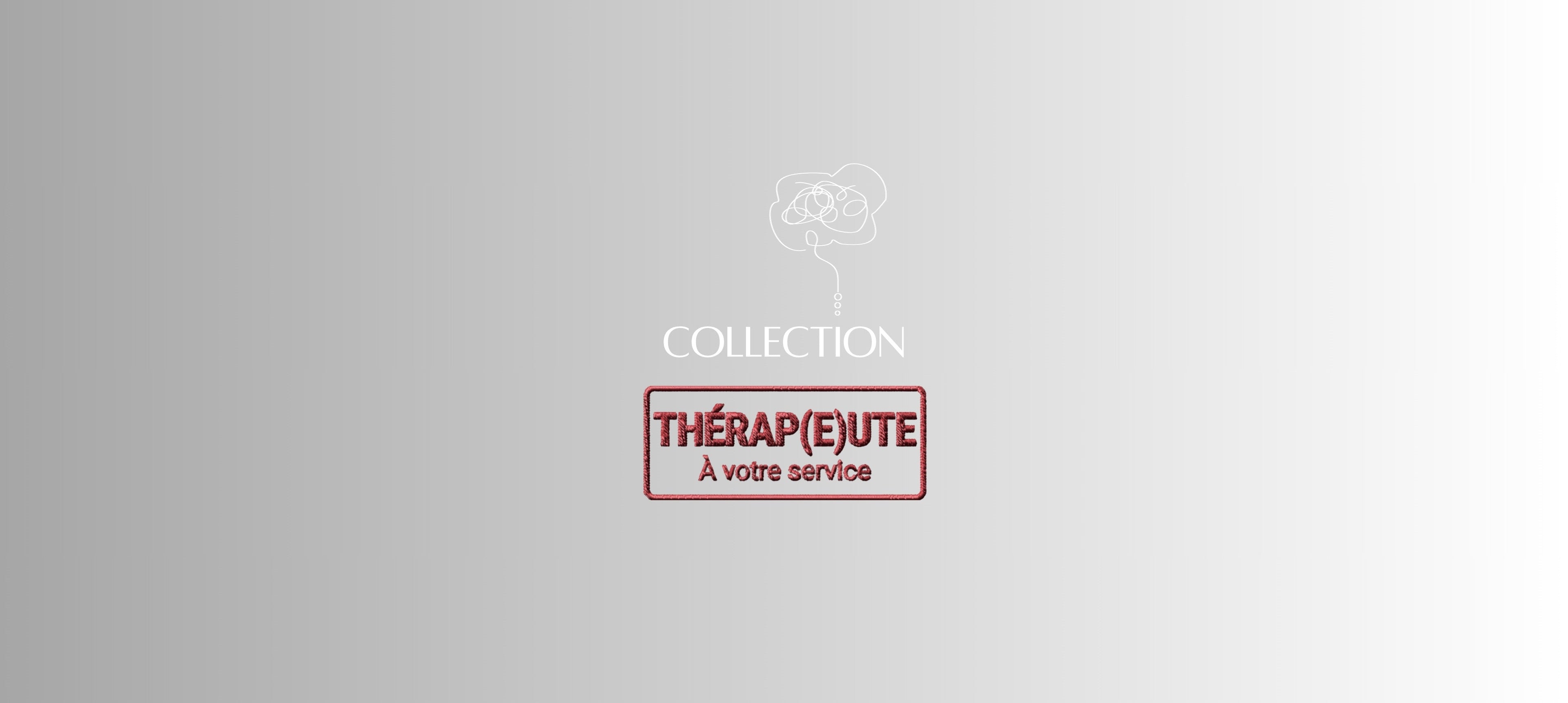 Bannière de collection « Thérap(e)ute » avec fond gris clair minimaliste et logo rouge style badge professionnel.