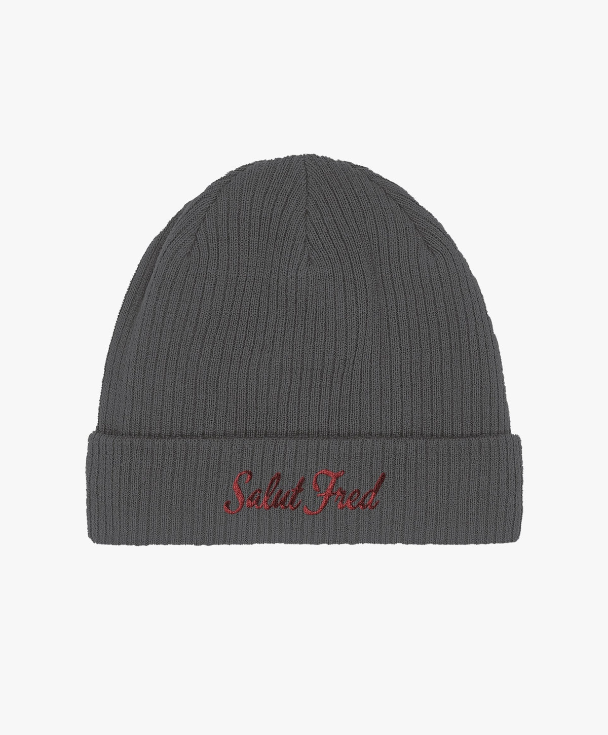Bonnet 100 % coton bio gris graphite avec logo Salut Fred brodé en rouge
