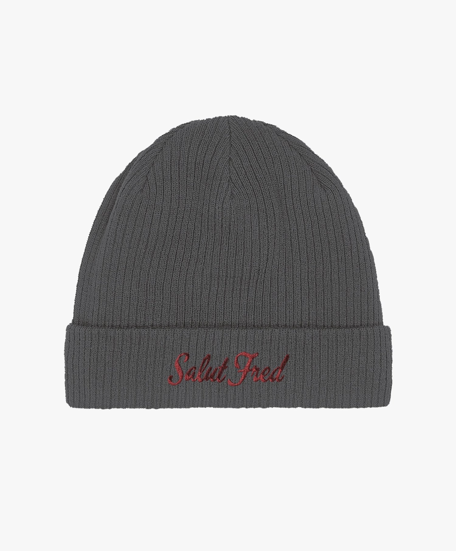 Bonnet 100 % coton bio gris graphite avec logo Salut Fred brodé en rouge