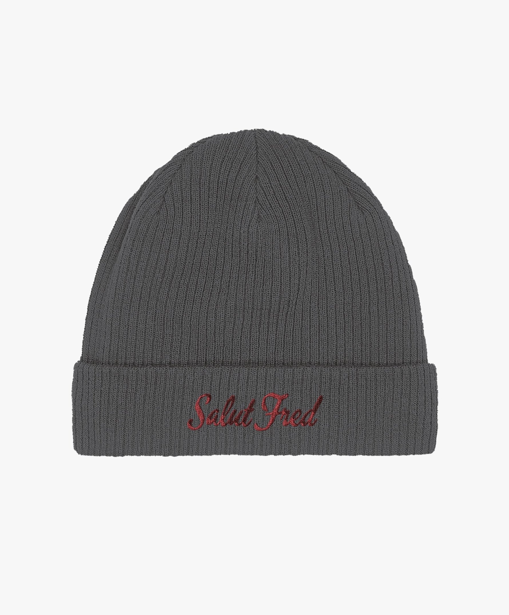 Bonnet 100 % coton bio gris graphite avec logo Salut Fred brodé en rouge