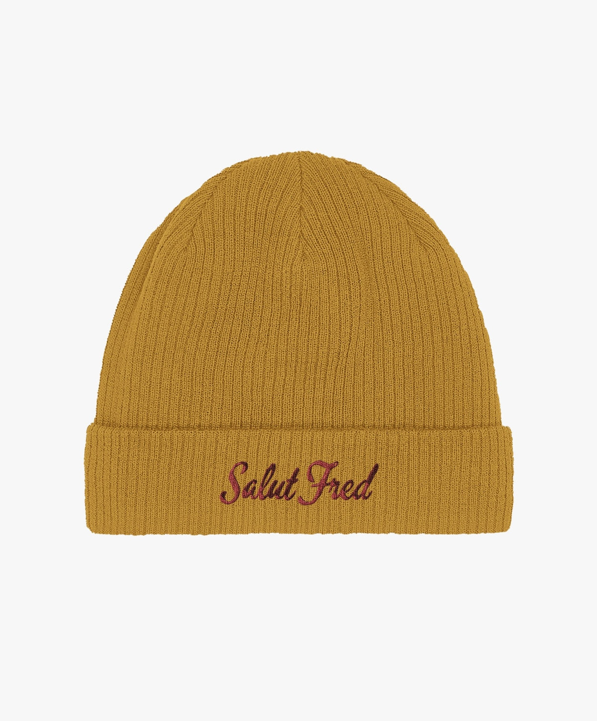 Bonnet 100 % coton bio moutarde avec logo Salut Fred brodé en rouge