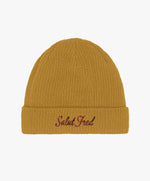 Bonnet 100 % coton bio moutarde avec logo Salut Fred brodé en rouge