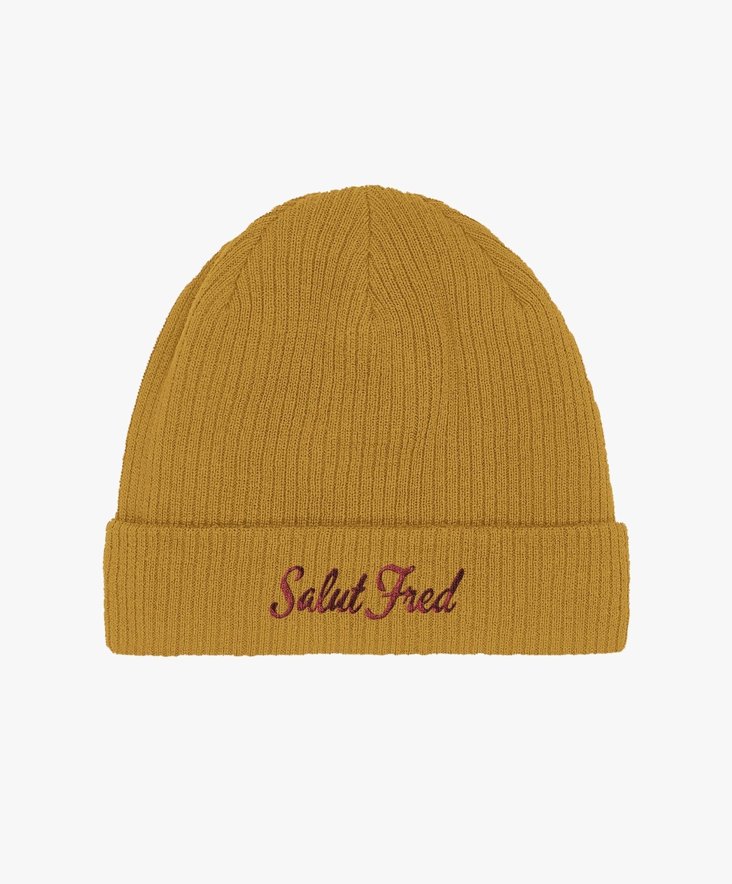 Bonnet 100 % coton bio moutarde avec logo Salut Fred brodé en rouge
