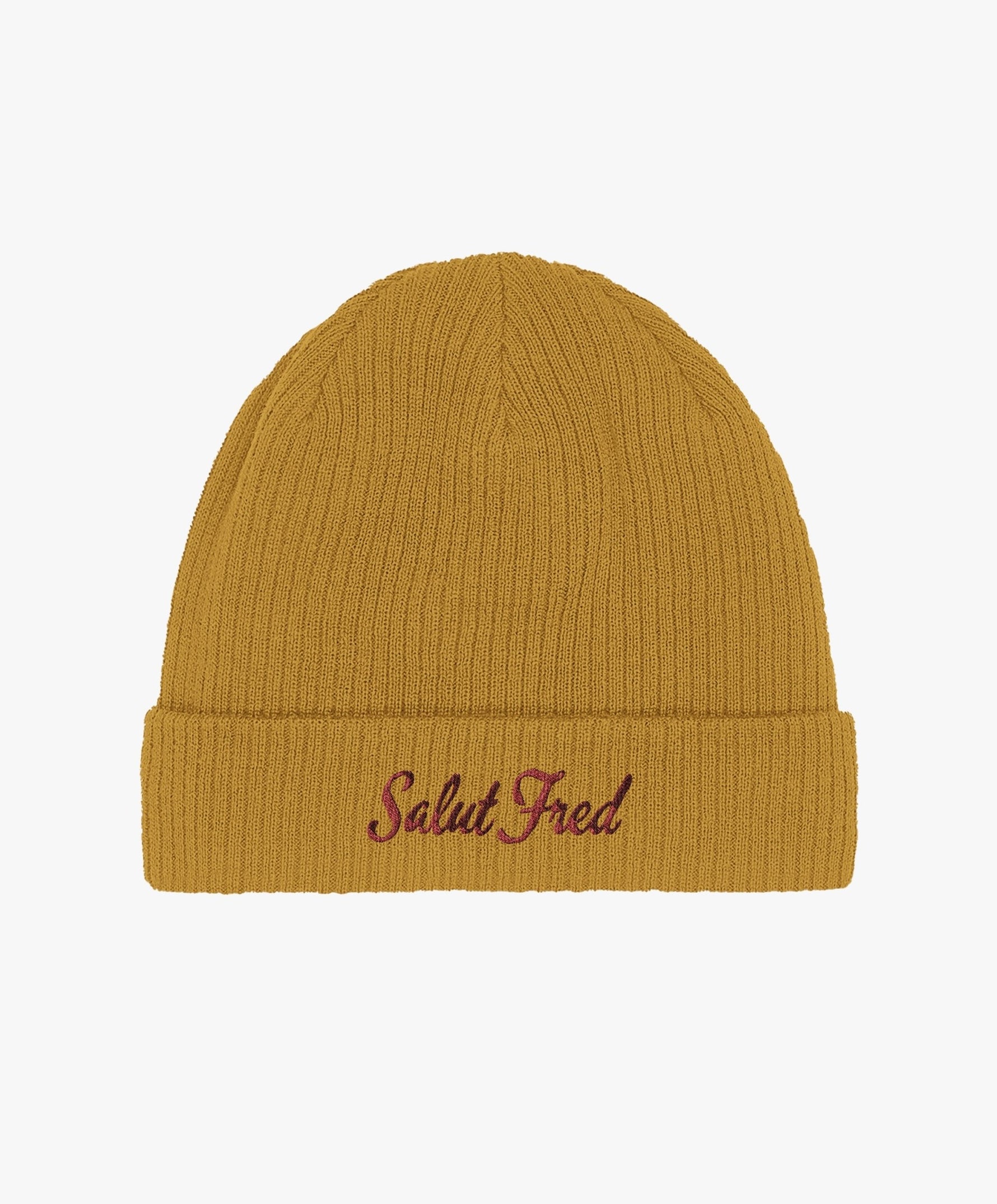 Bonnet 100 % coton bio moutarde avec logo Salut Fred brodé en rouge