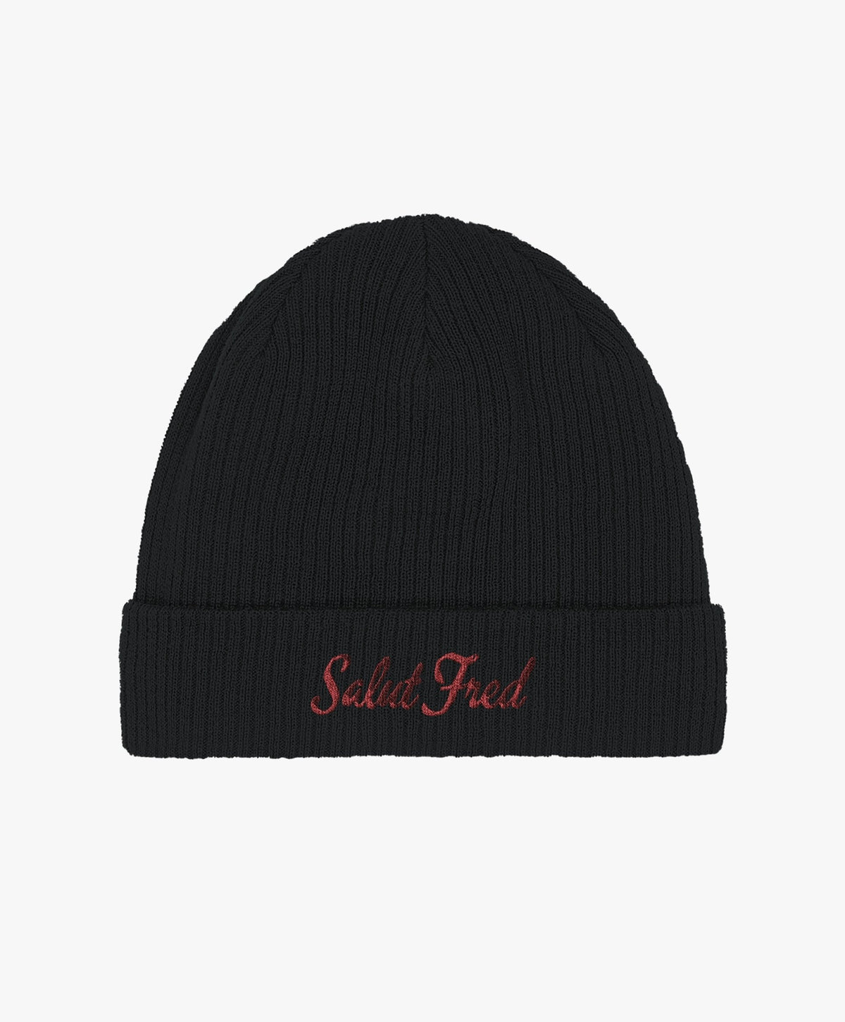 Bonnet 100 % coton bio noir avec logo Salut Fred brodé en rouge