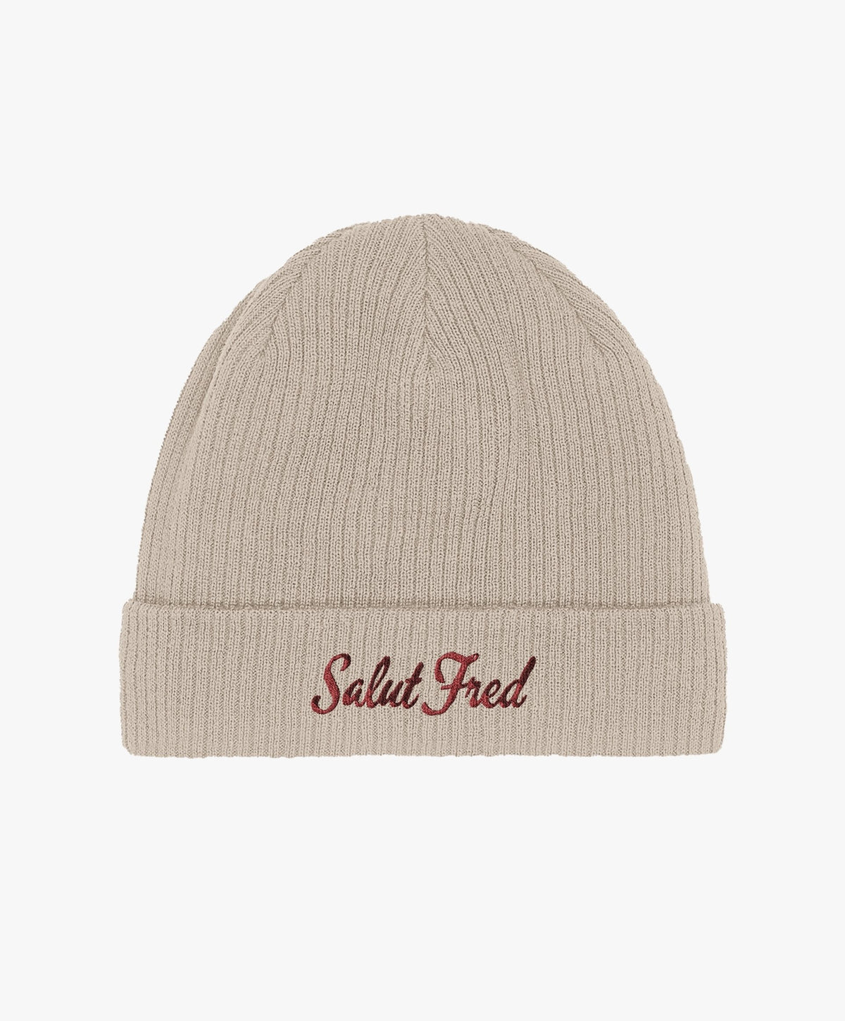 Bonnet 100 % coton bio sable avec logo Salut Fred brodé en rouge