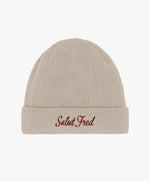 Bonnet 100 % coton bio sable avec logo Salut Fred brodé en rouge