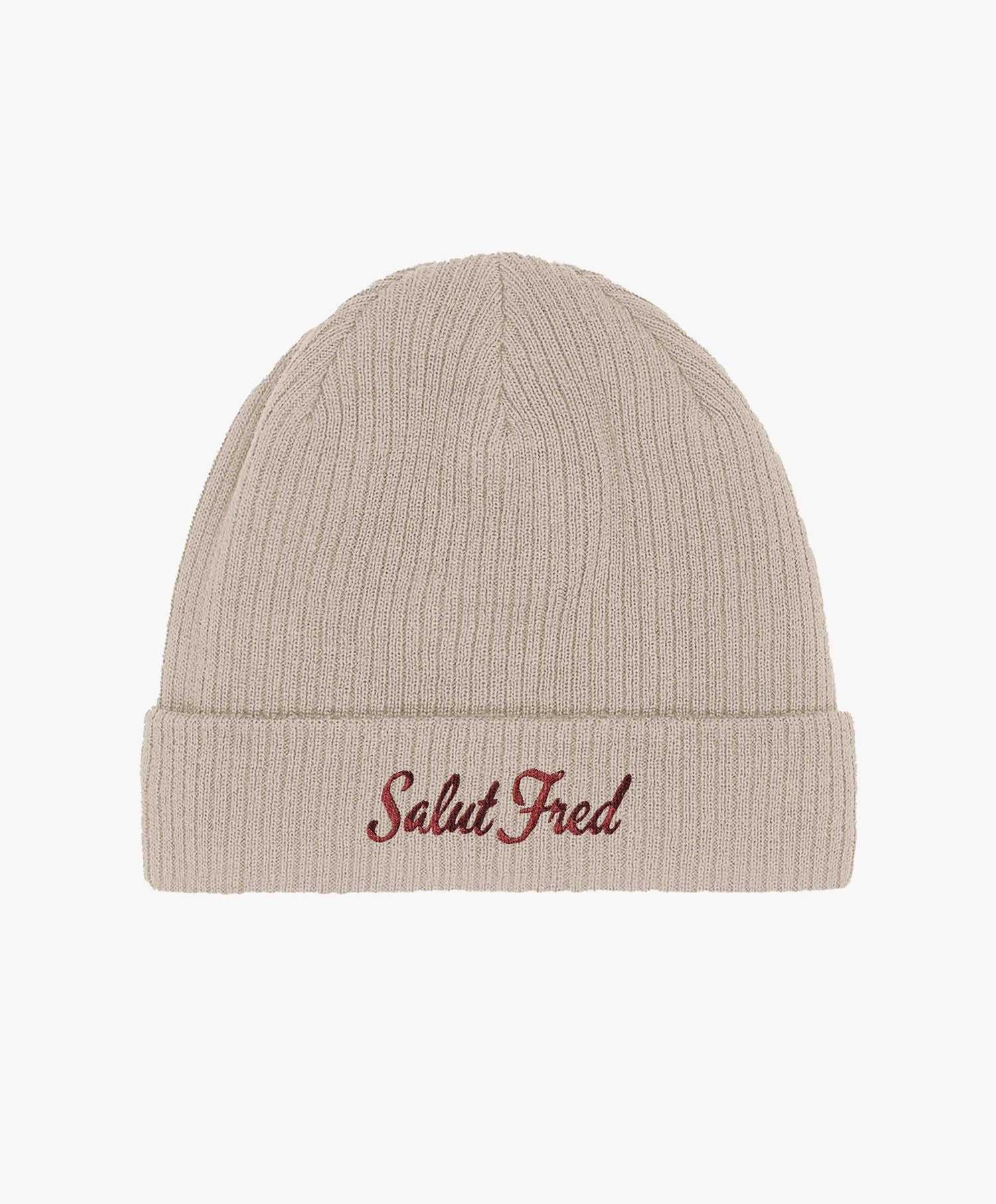Bonnet 100 % coton bio sable avec logo Salut Fred brodé en rouge