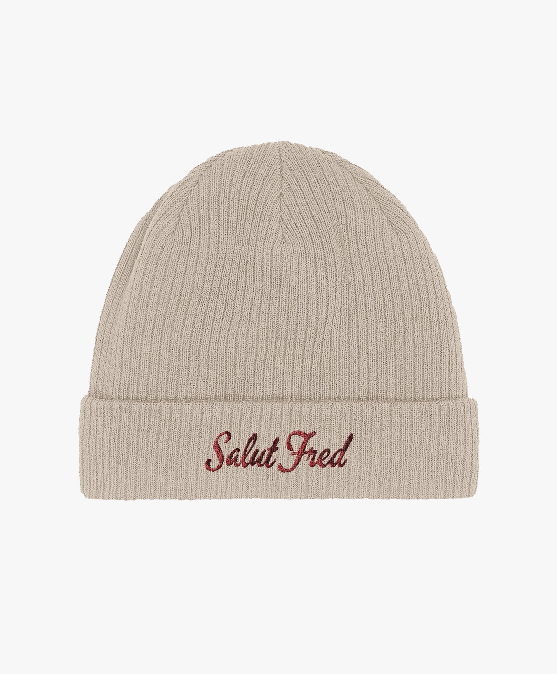 Bonnet 100 % coton bio sable avec logo Salut Fred brodé en rouge
