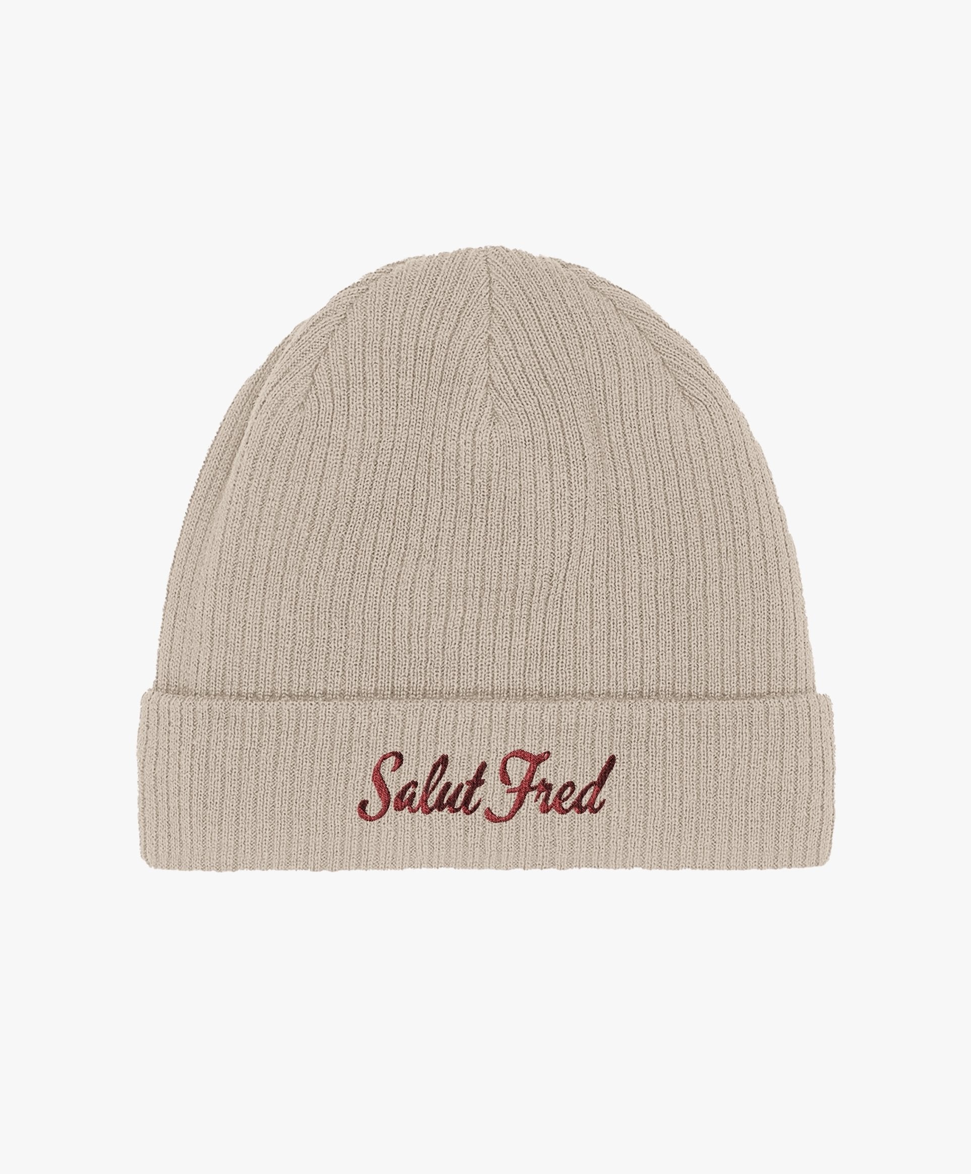 Bonnet 100 % coton bio sable avec logo Salut Fred brodé en rouge