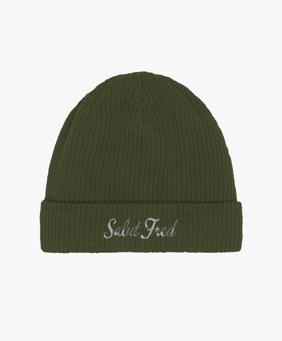 Bonnet 100 % coton bio vert olive avec logo Salut Fred brodé en blanc