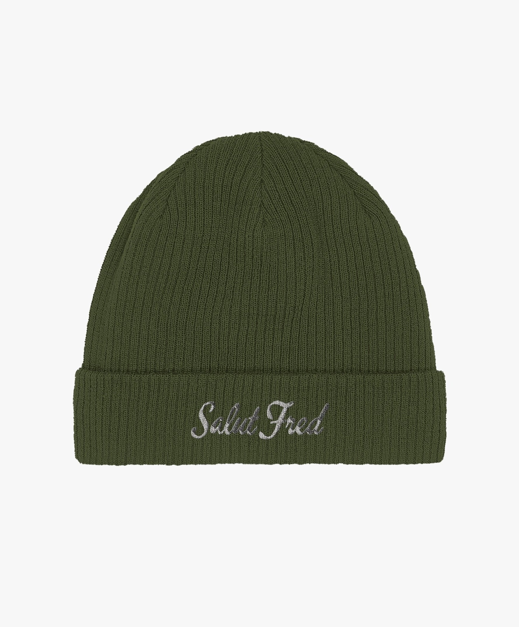 Bonnet 100 % coton bio vert olive avec logo Salut Fred brodé en blanc