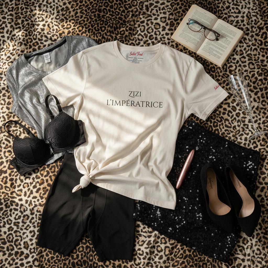 Flat lay du t-shirt classique écru « Zizi l’Impératrice » avec texte imprimé noir centré sur la poitrine et logo Salut Fred sur la manche gauche, associé à une tenue féminine composée d’une jupe noire à sequins, escarpins noirs et accessoires élégants sur fond léopard.