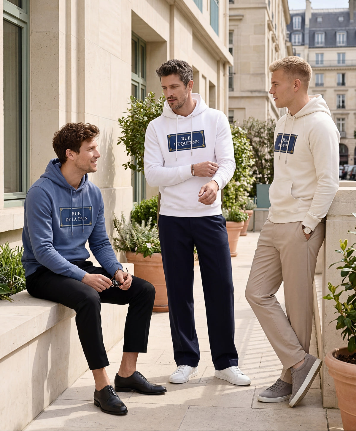 Trois hommes portant des hoodies Salut Fred bleu ardoise, blanc et écru de la collection Rues de France dans une rue parisienne ensoleillée