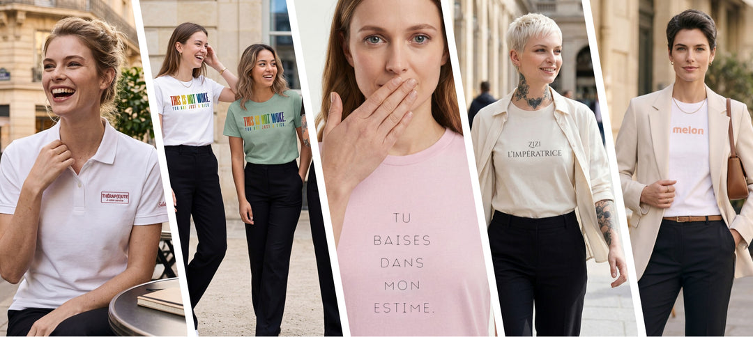 Sélection de polos et t-shirts classiques Salut Fred pour femme, portés dans des décors parisiens élégants avec imprimés humoristiques et style premium contemporain.