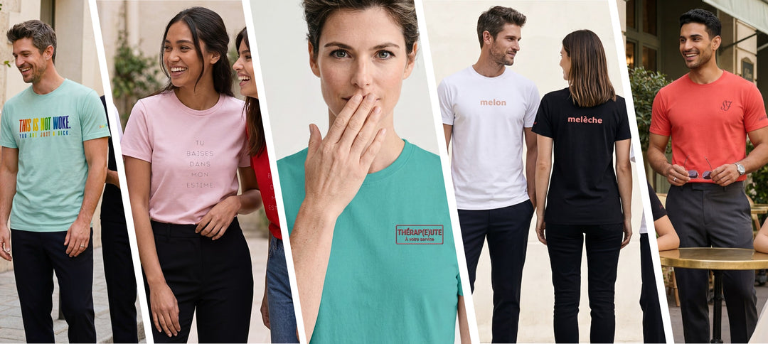 Sélection de produits Salut Fred présentant différents t-shirts classiques à messages imprimés et broderies discrètes, portés par des hommes et femmes dans des scènes lifestyle au style parisien contemporain.