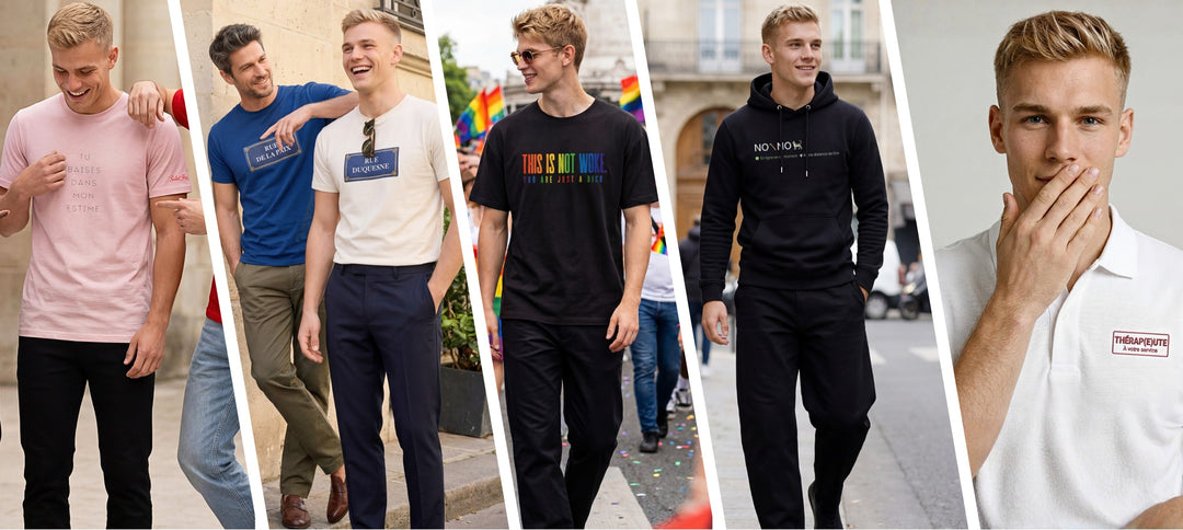 Sélection de produits Salut Fred pour homme comprenant t-shirts classiques, t-shirts oversize, hoodies et polos, portés dans des décors urbains et parisiens contemporains.