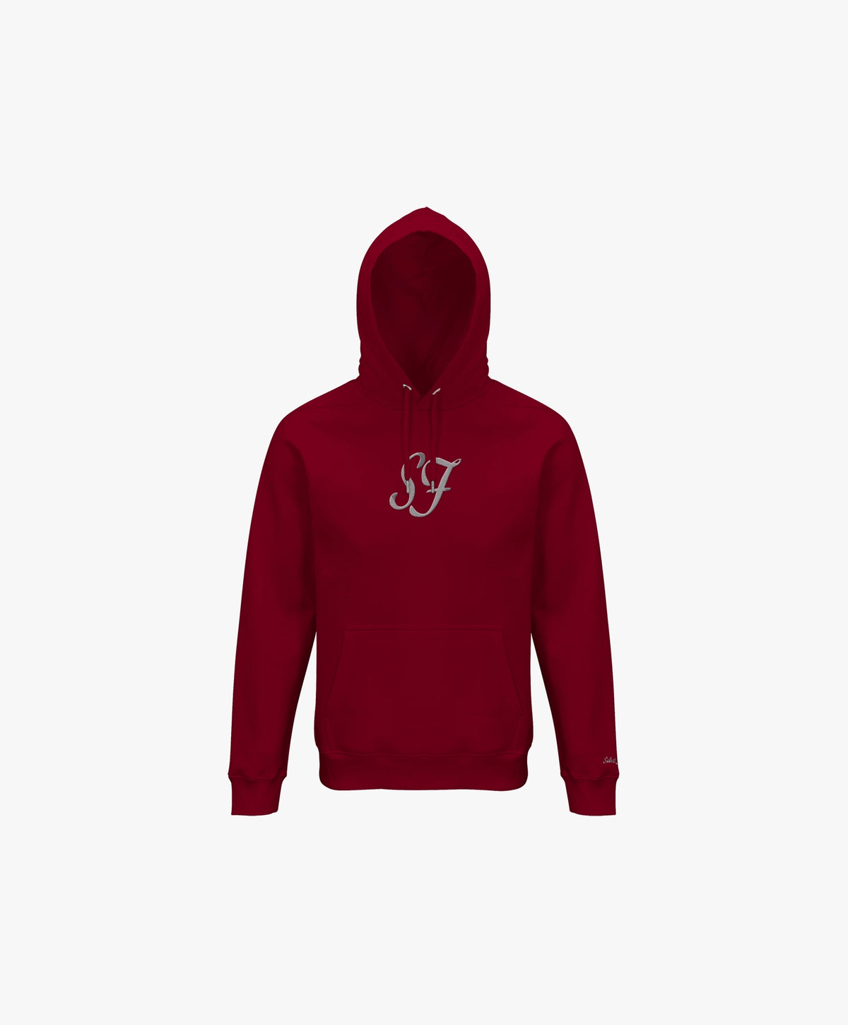 Vue de face du hoodie bordeaux Salut Fred avec monogramme SF blanc brodé au centre de la poitrine et Salut Fred brodé sur le poignet gauche