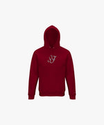 Vue de face du hoodie bordeaux Salut Fred avec monogramme SF blanc brodé au centre de la poitrine et Salut Fred brodé sur le poignet gauche