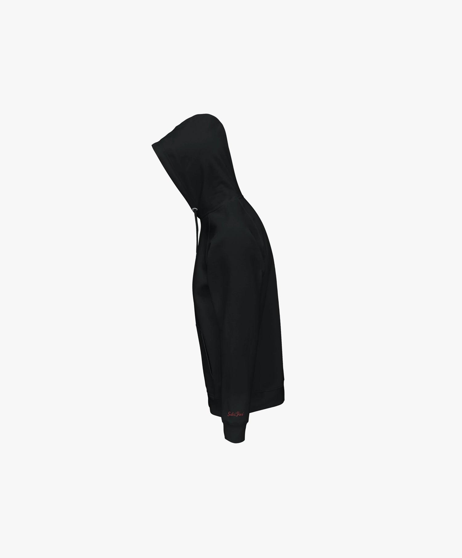 Vue côté gauche du hoodie noir SF Monogramme Salut Fred avec Salut Fred brodé sur le poignet gauche