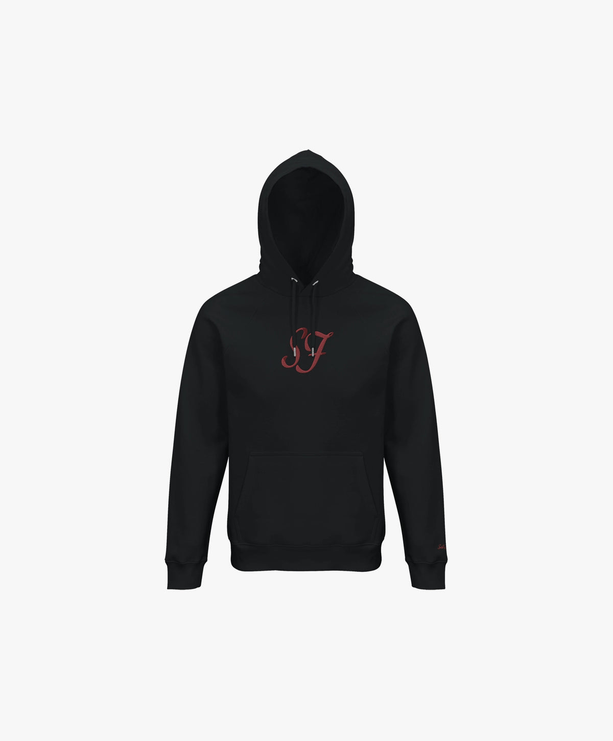 Vue de face du hoodie noir SF Monogramme Salut Fred avec monogramme SF brodé au centre de la poitrine et Salut Fred brodé sur le poignet gauche