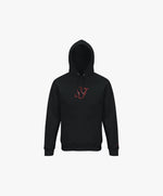 Vue de face du hoodie noir SF Monogramme Salut Fred avec monogramme SF brodé au centre de la poitrine et Salut Fred brodé sur le poignet gauche
