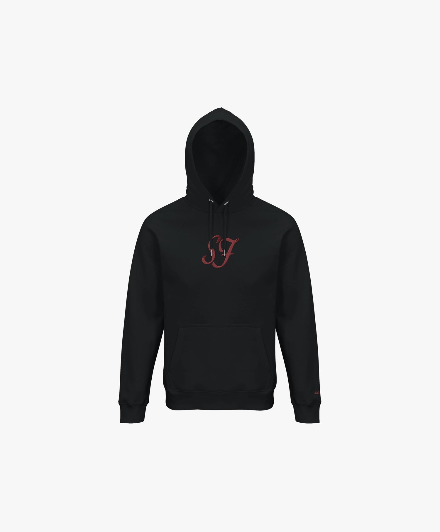 Vue de face du hoodie noir SF Monogramme Salut Fred avec monogramme SF brodé au centre de la poitrine et Salut Fred brodé sur le poignet gauche