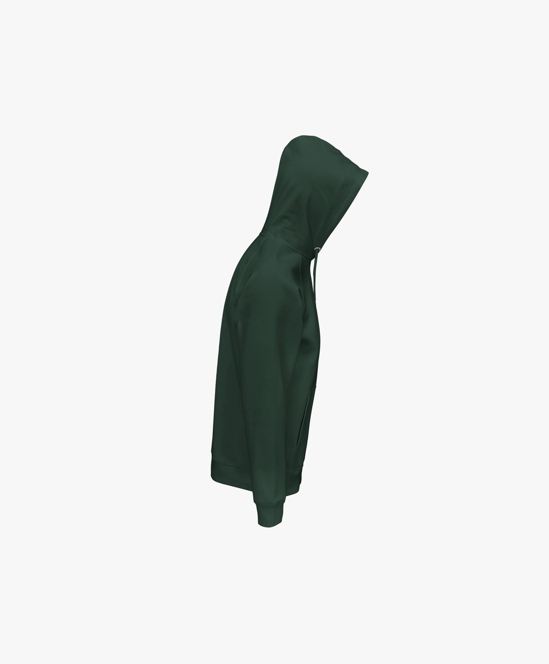 Vue côté droit du hoodie vert profond Salut Fred avec poche kangourou et capuche à cordons