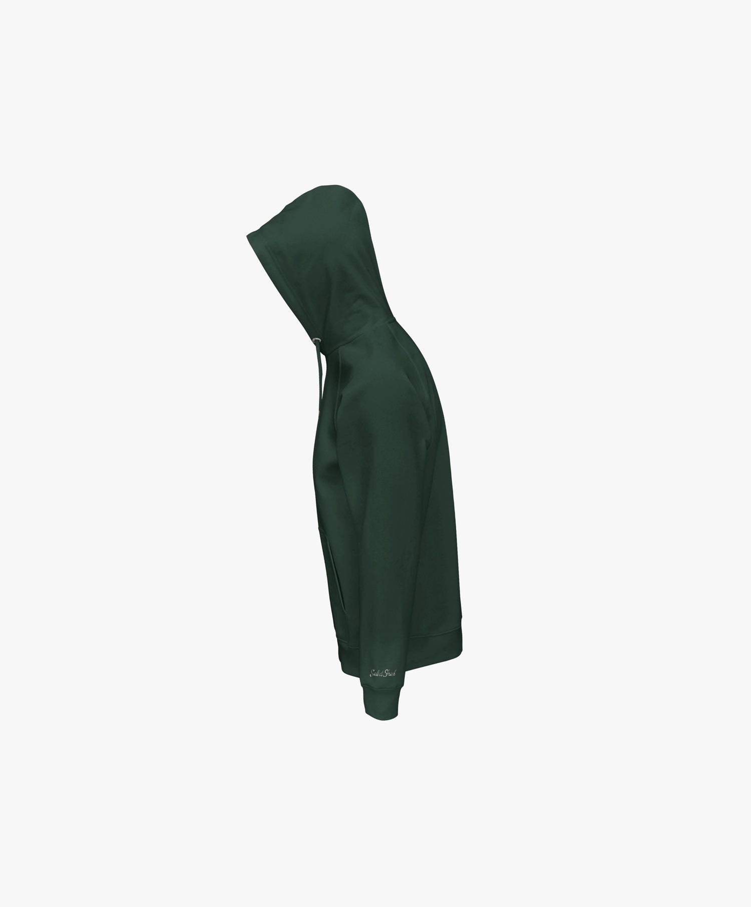 Vue côté gauche du hoodie vert profond Salut Fred avec poche kangourou, capuche à cordons et Salut Fred brodé sur le poignet gauche