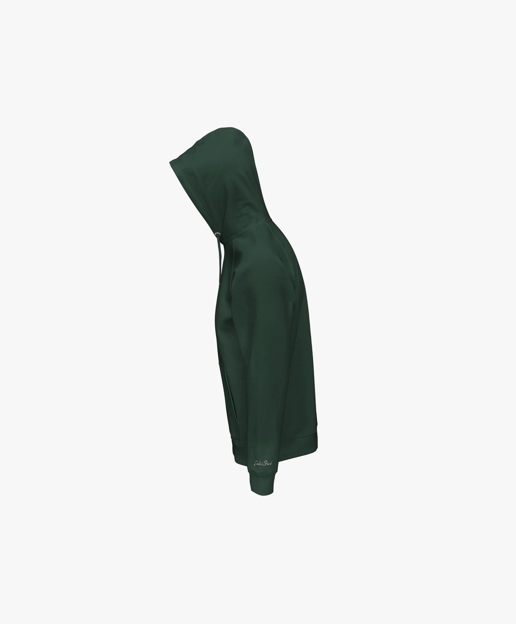 Vue côté gauche du hoodie vert profond Salut Fred avec poche kangourou, capuche à cordons et Salut Fred brodé sur le poignet gauche