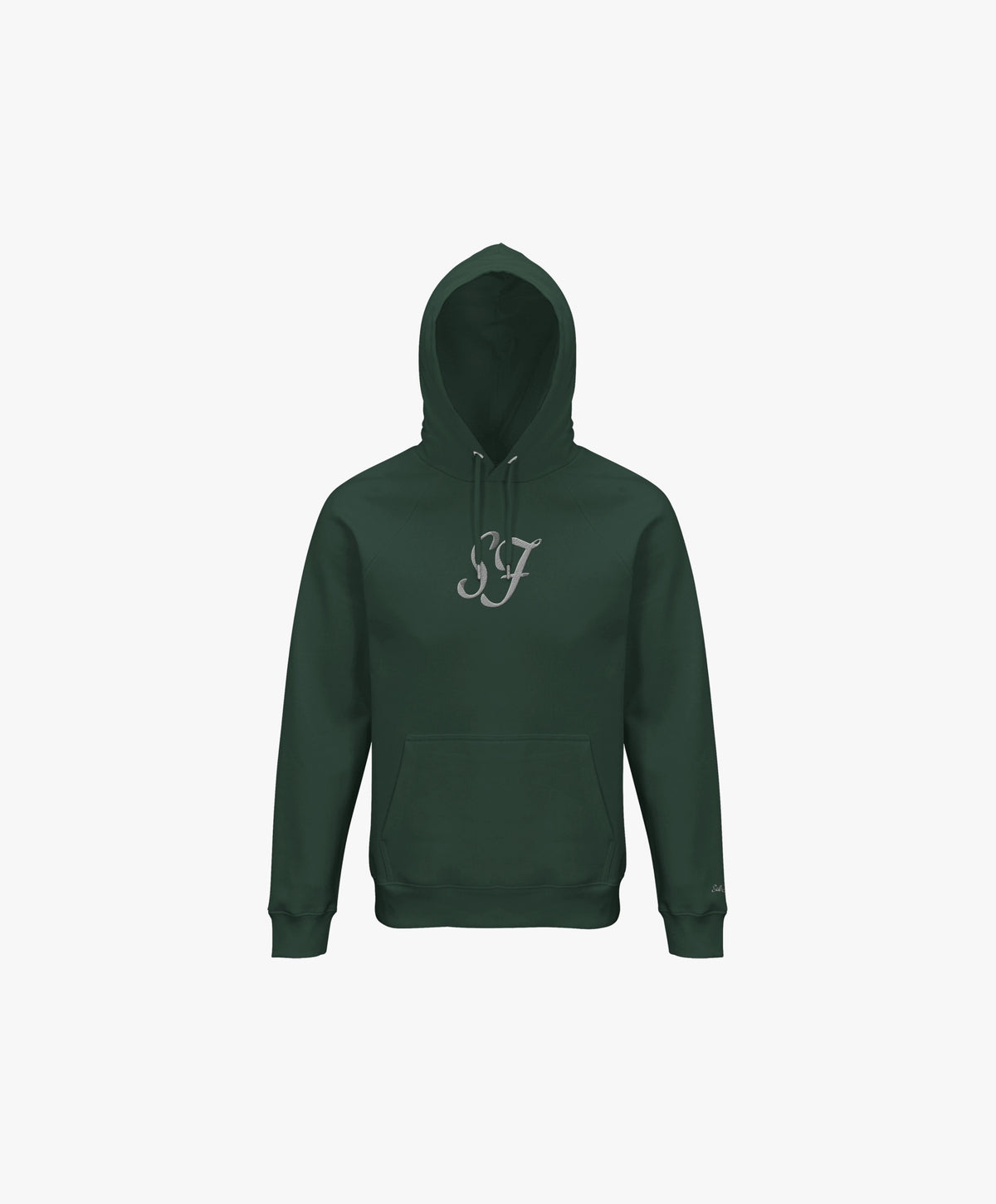 Vue de face du hoodie vert profond Salut Fred avec monogramme SF blanc brodé au centre de la poitrine et Salut Fred brodé sur le poignet gauche