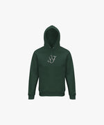 Vue de face du hoodie vert profond Salut Fred avec monogramme SF blanc brodé au centre de la poitrine et Salut Fred brodé sur le poignet gauche
