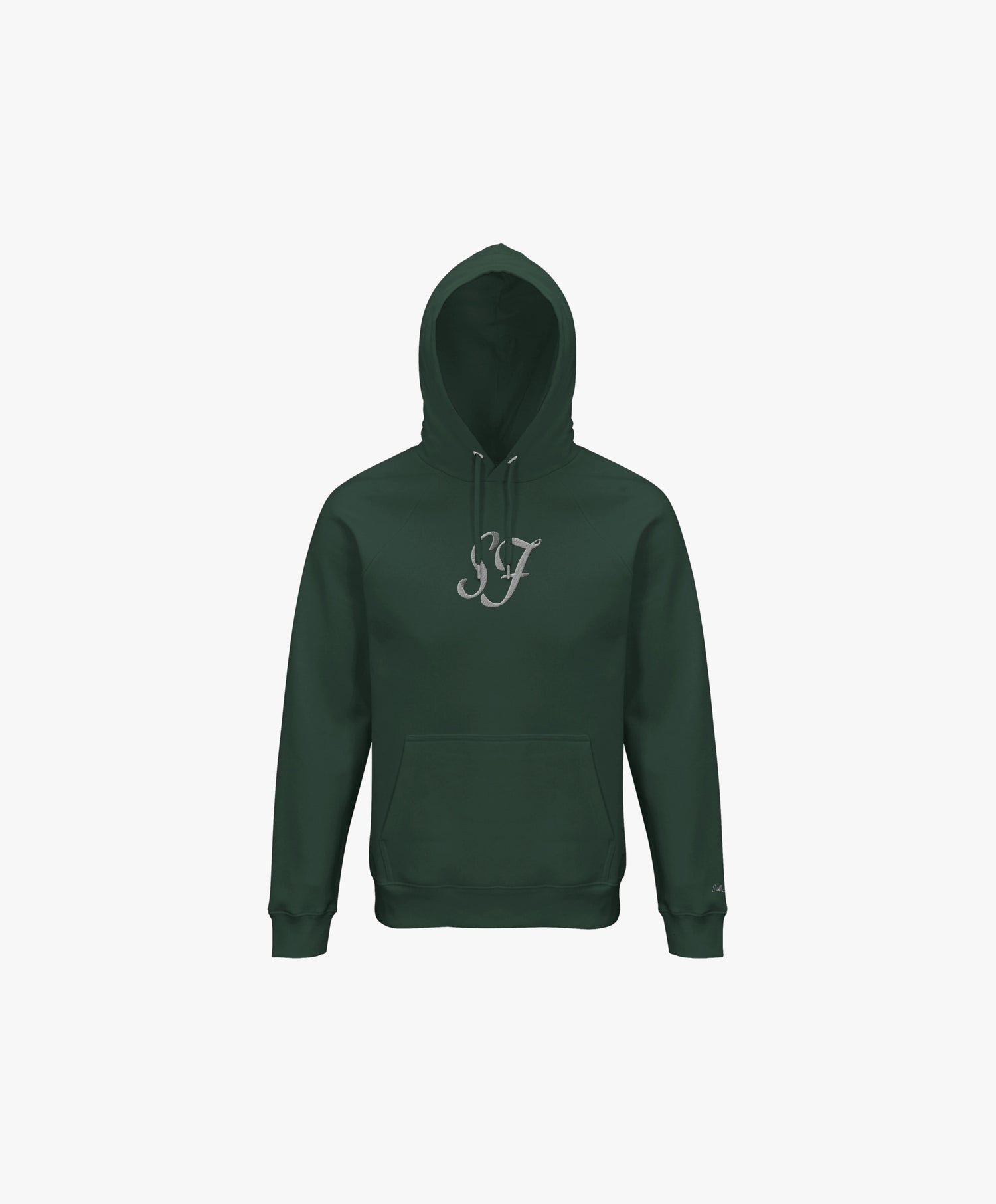 Vue de face du hoodie vert profond Salut Fred avec monogramme SF blanc brodé au centre de la poitrine et Salut Fred brodé sur le poignet gauche