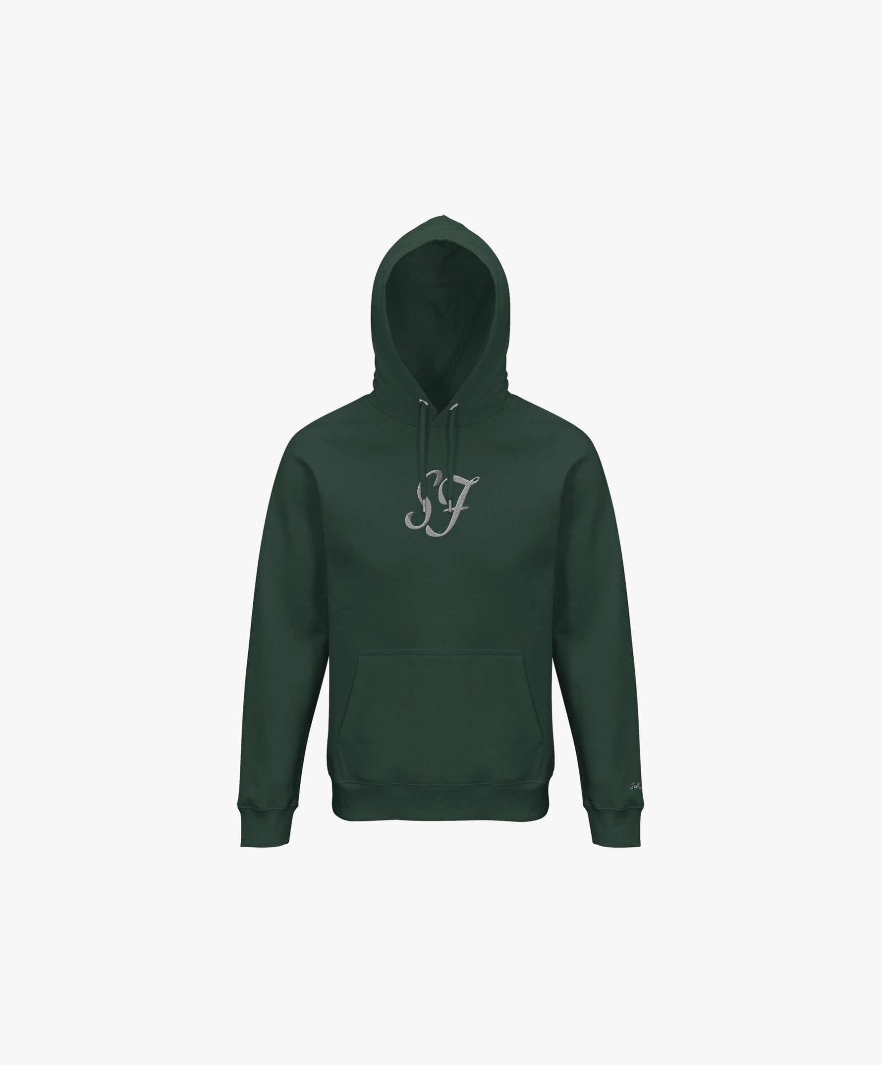 Vue de face du hoodie vert profond Salut Fred avec monogramme SF blanc brodé au centre de la poitrine et Salut Fred brodé sur le poignet gauche