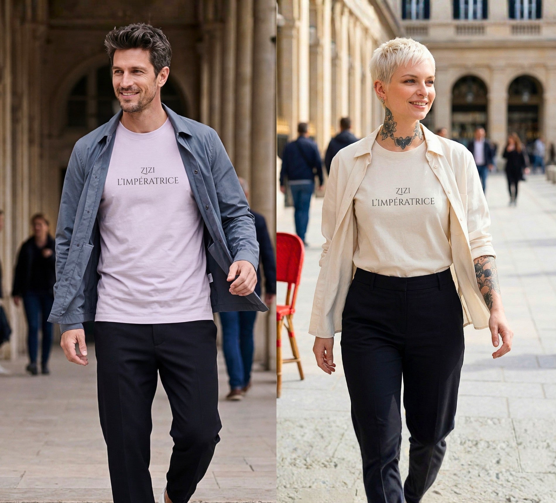 Groupe lifestyle homme et femme portant les t-shirts classiques « Zizi l’Impératrice » en lilas et écru avec texte imprimé noir centré sur la poitrine et logo Salut Fred sur la manche gauche, associés à des surchemises légères dans une galerie parisienne élégante.