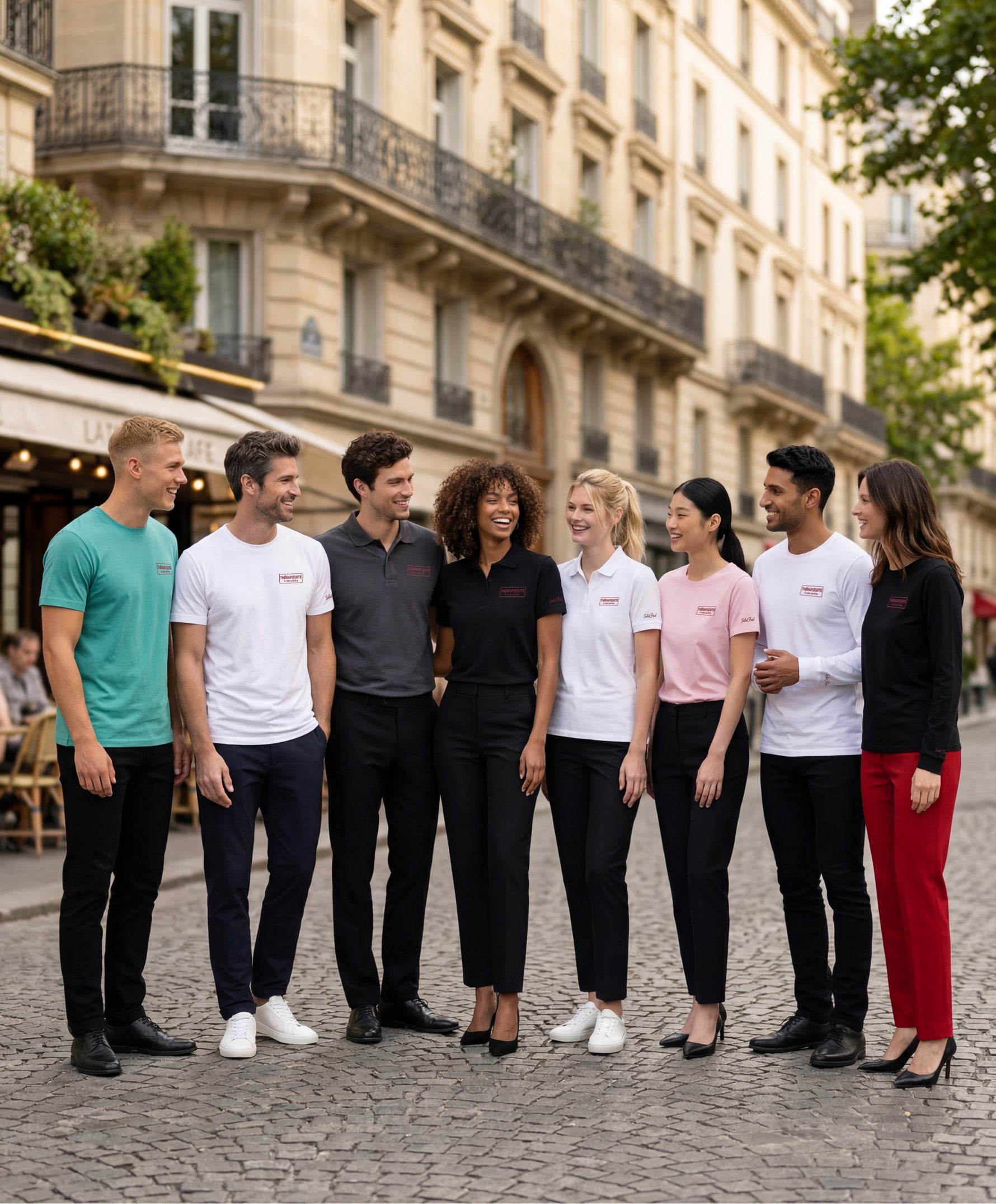 Groupe d’hommes et de femmes portant la collection « Thérap(e)ute. À votre service » de Salut Fred dans une rue parisienne élégante, avec t-shirts classiques, polos et t-shirts manches longues en jade, blanc, gris graphite, noir et rose poudré, tous avec motif brodé sur la poitrine gauche et logos Salut Fred brodés sur les manches ou poignets