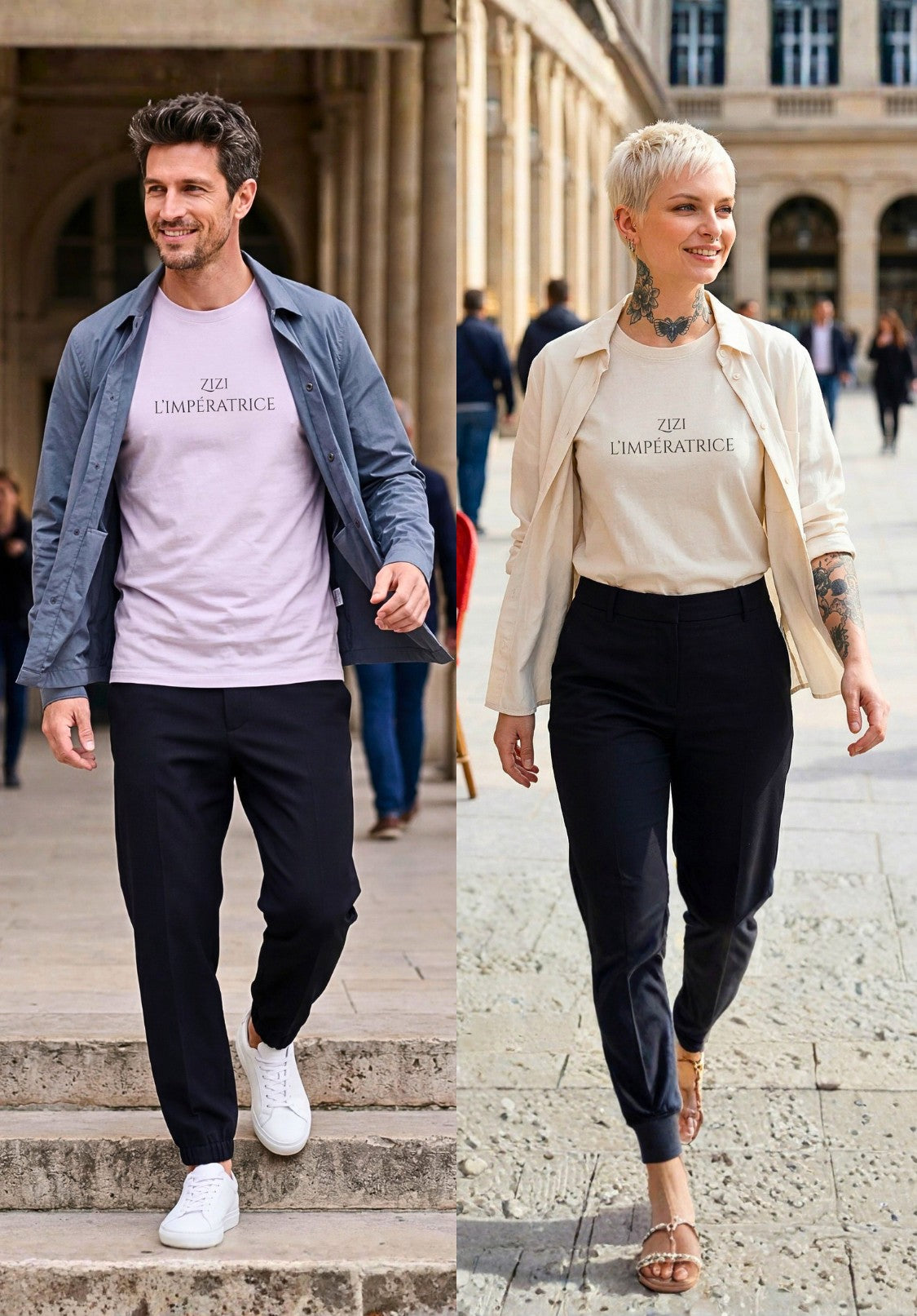 Groupe lifestyle homme et femme portant les t-shirts classiques « Zizi l’Impératrice » en lilas et écru avec texte imprimé noir centré sur la poitrine et logo Salut Fred sur la manche gauche, associés à des surchemises légères dans une galerie parisienne élégante.