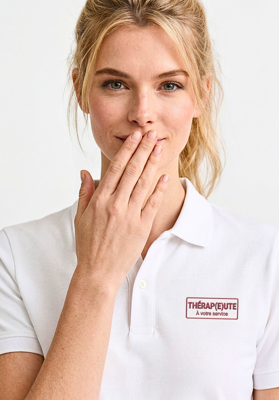 Vue de face d’une femme portant le polo blanc « Thérap(e)ute — À votre service » avec motif imprimé bordeaux sur la poitrine gauche et logo Salut Fred brodé sur la manche gauche, dans un studio lumineux minimaliste.