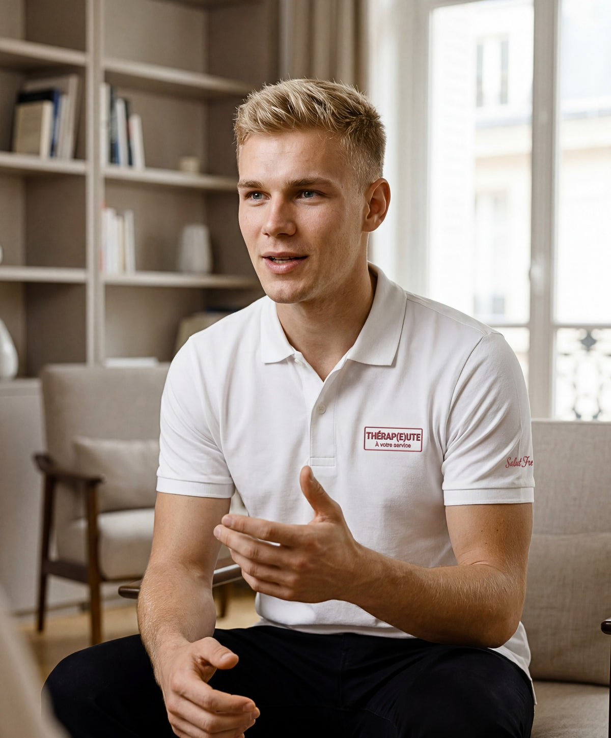 Vue de face d’un homme portant un polo blanc Salut Fred avec broderie « Thérap(e)ute. À votre service » sur la poitrine et Salut Fred brodé sur la manche gauche, assis dans un intérieur lumineux au style parisien