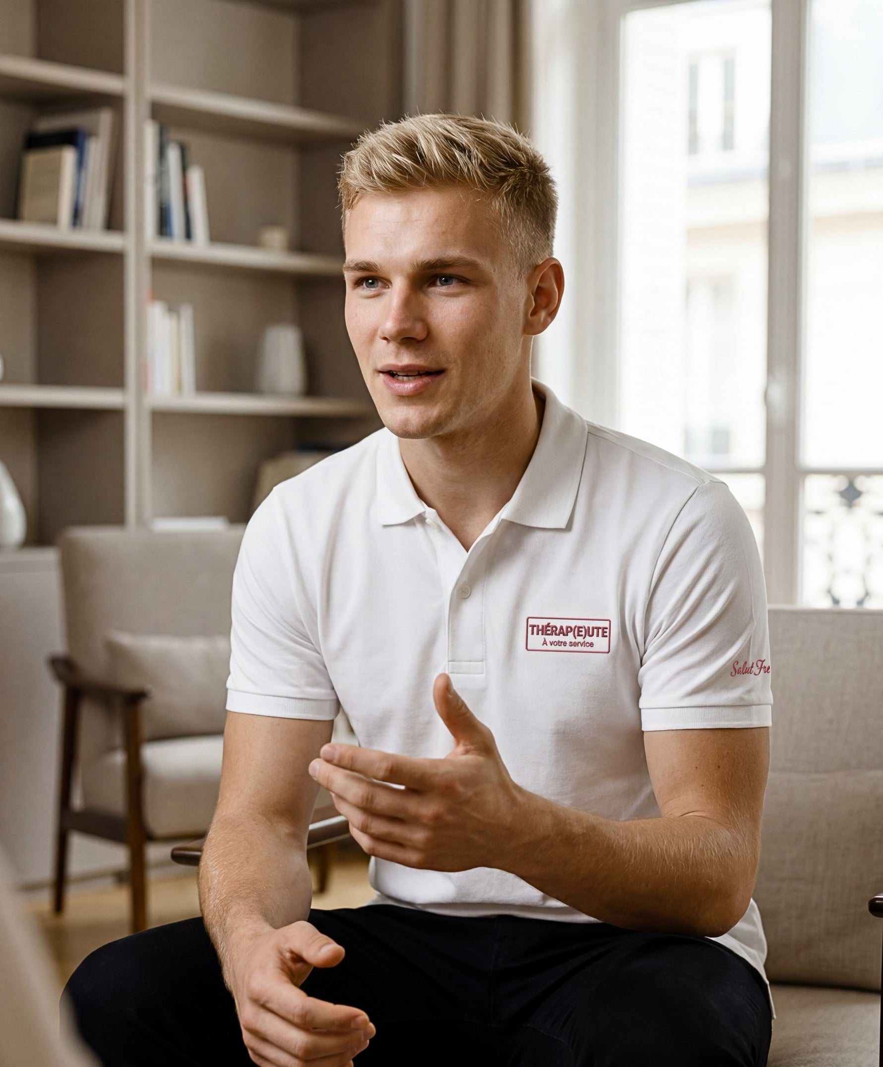 Vue de face d’un homme portant un polo blanc Salut Fred avec broderie « Thérap(e)ute. À votre service » sur la poitrine et Salut Fred brodé sur la manche gauche, assis dans un intérieur lumineux au style parisien