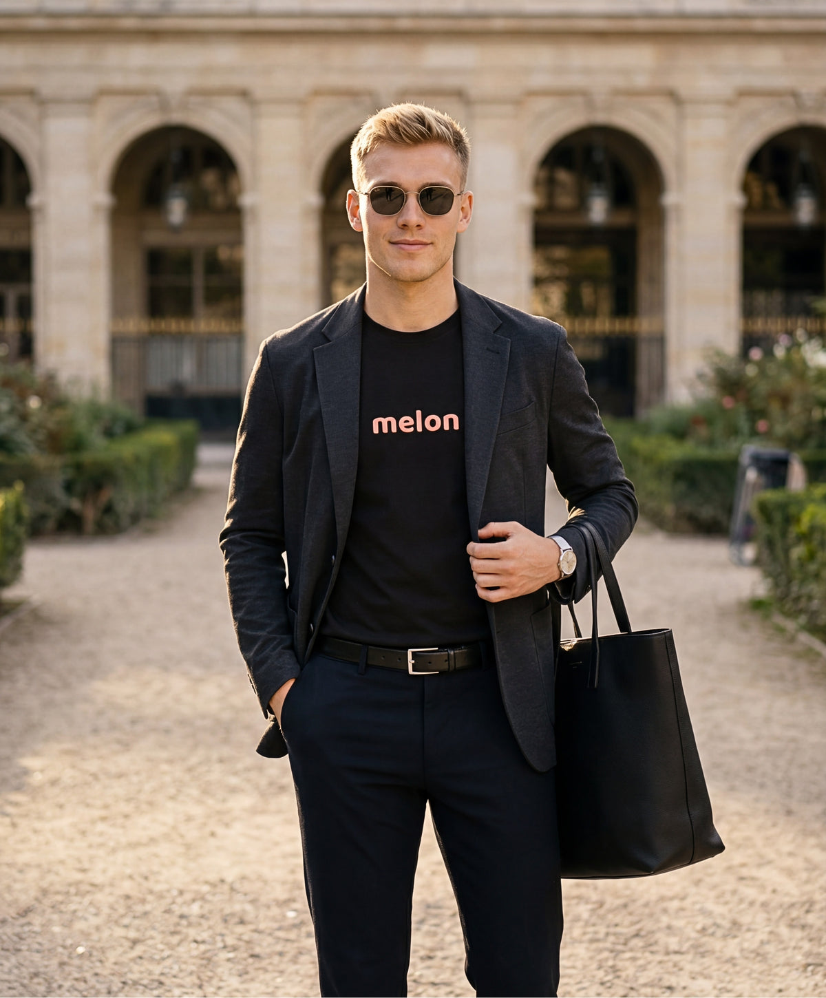 Vue de face d’un homme portant un t-shirt classique noir Salut Fred avec melon imprimé au centre de la poitrine dans une teinte melon pastel saumonée, blazer noir, pantalon noir habillé et grand sac noir dans une cour parisienne élégante