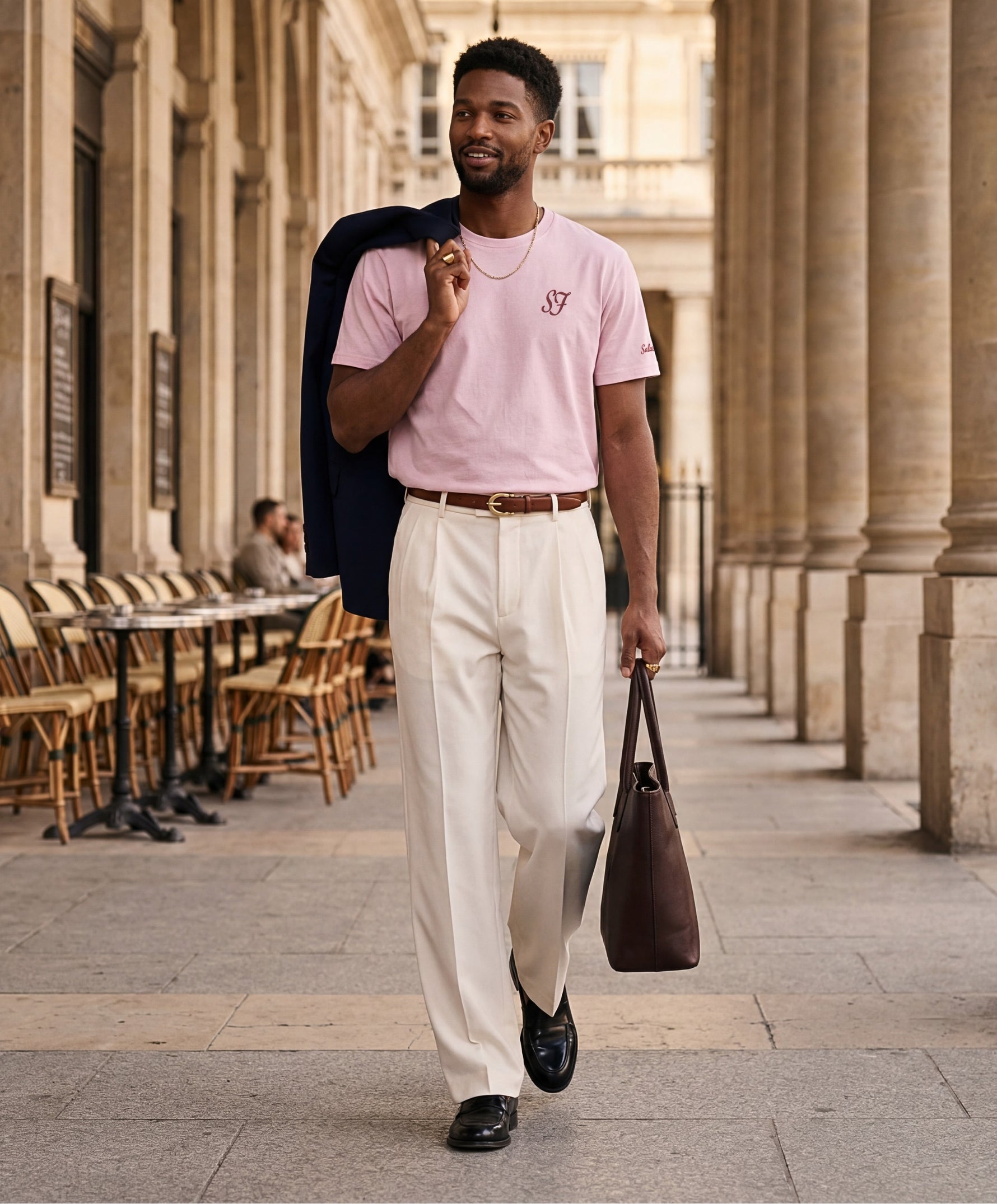 Vue de face d’un homme portant un t-shirt classique rose poudré Salut Fred avec monogramme SF brodé sur la poitrine gauche et broderie Salut Fred sur la manche gauche, pantalon écru habillé, ceinture camel, mocassins noirs et sac marron dans une galerie parisienne élégante