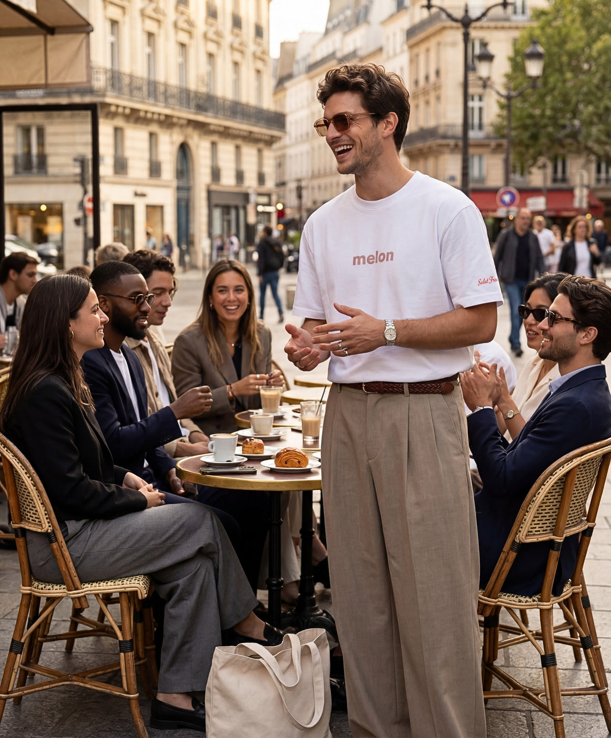 Homme portant le t-shirt oversize blanc « Melon Melèche » avec texte imprimé « melon » centré sur la poitrine et logo Salut Fred sur la manche gauche, dans une terrasse de café parisienne animée entourée d’amis.