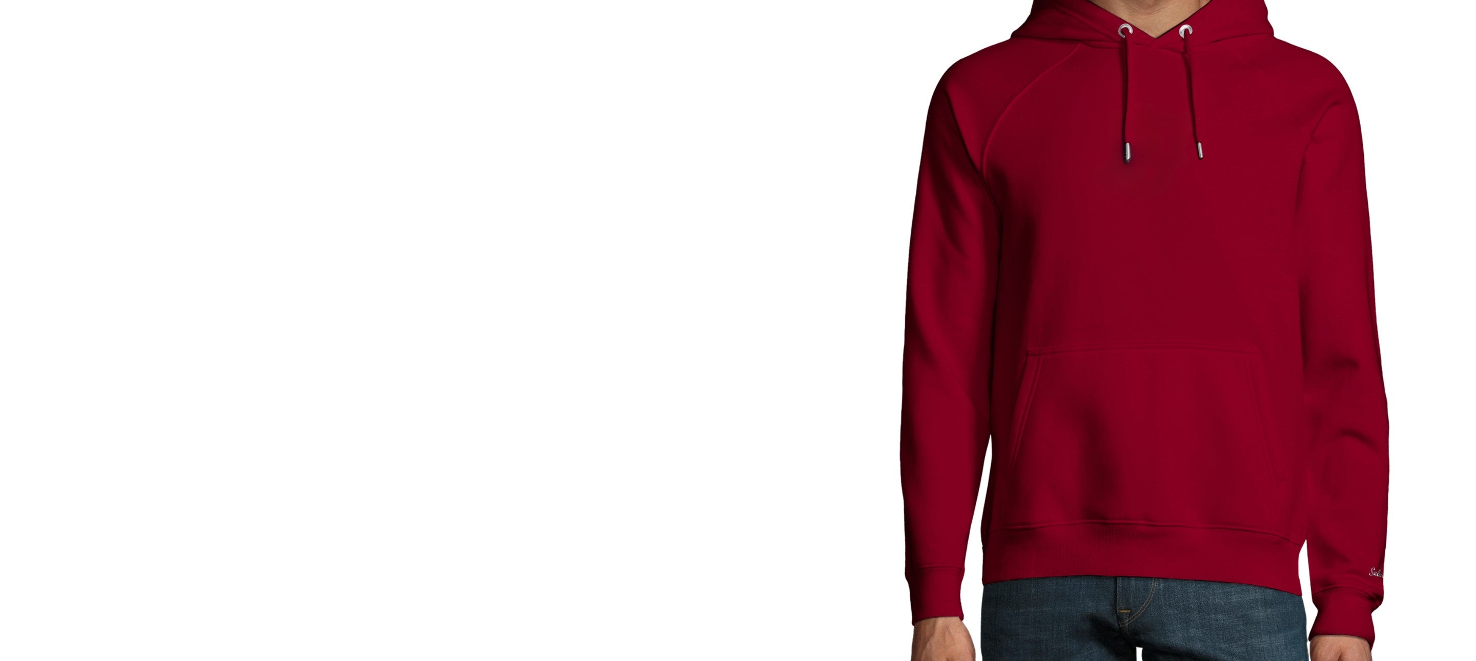 Détail des manches longues d’un hoodie bordeaux avec poignets en bord-côte et coupe confortable au quotidien.