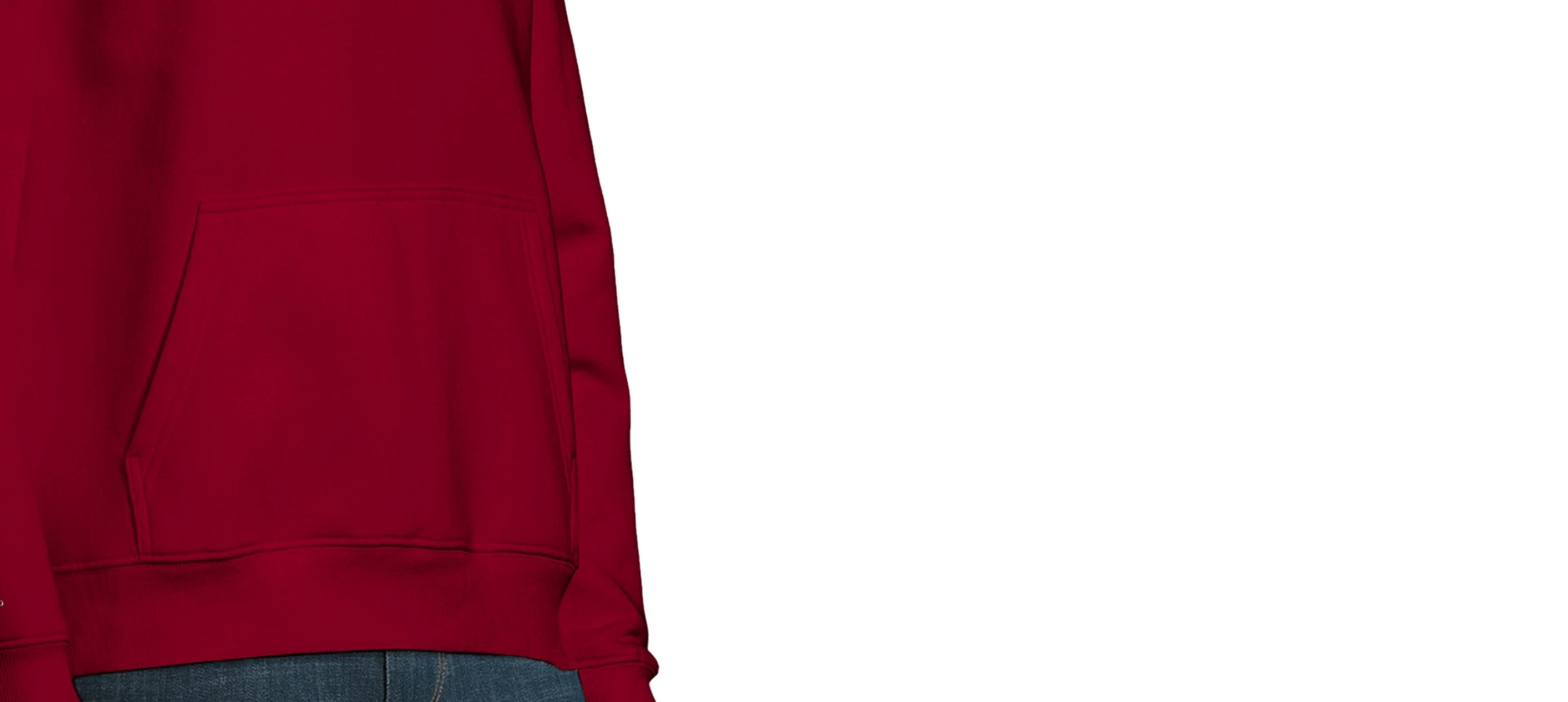 Détail de la poche kangourou d’un hoodie bordeaux avec finition nette et espace confortable pour les mains.