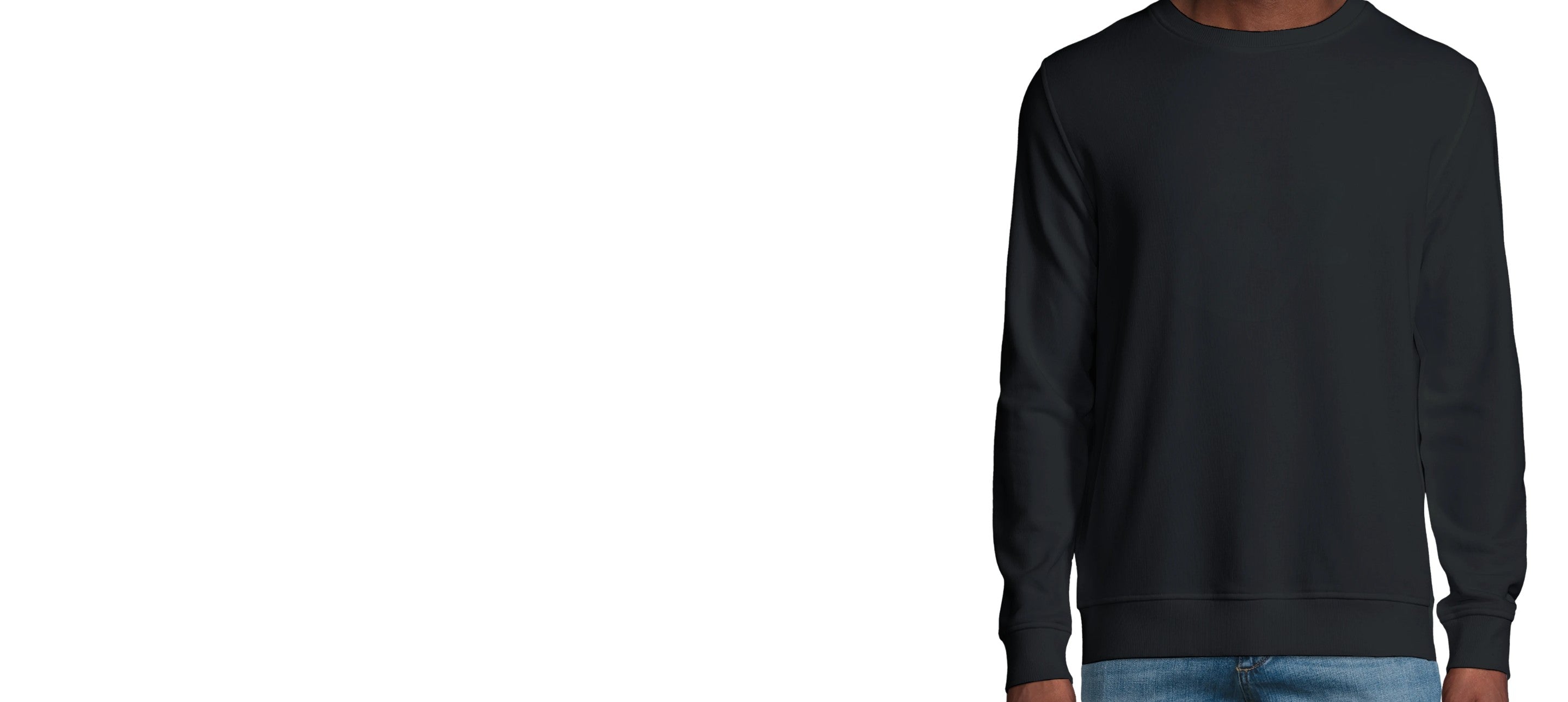 Détail des manches longues d’un sweatshirt noir avec poignets en bord-côte et coupe droite confortable.