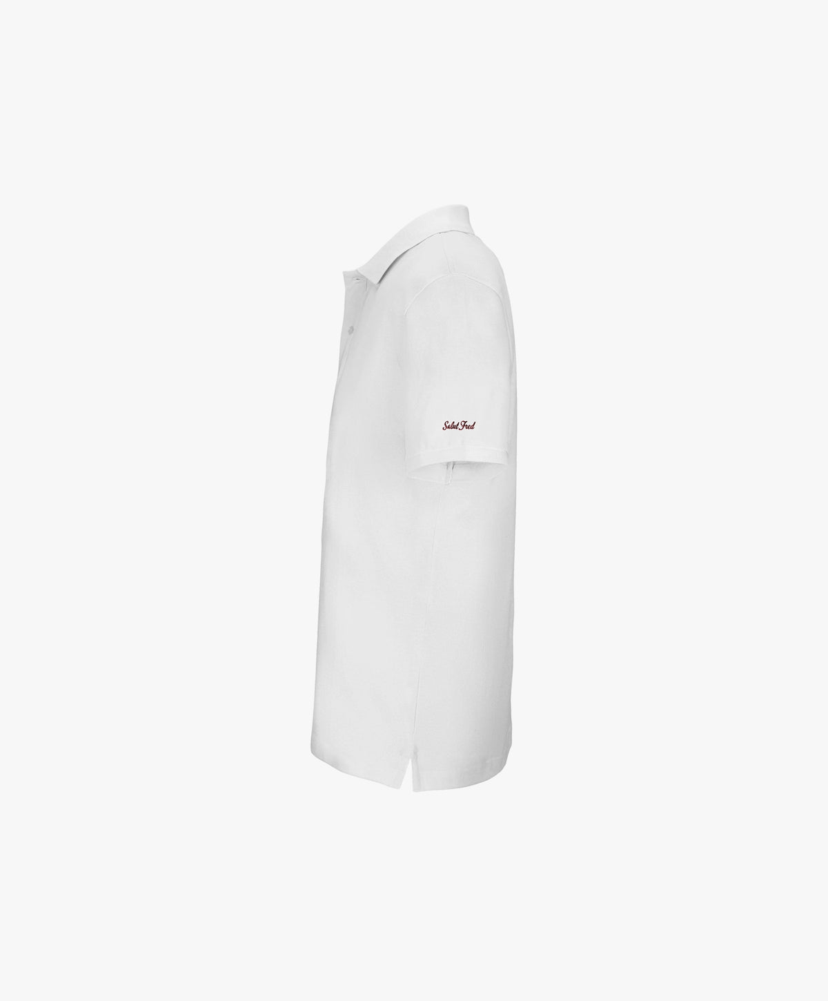 Vue côté gauche du polo blanc Salut Fred avec broderie « Thérap(e)ute. À votre service », avec Salut Fred brodé sur la manche gauche