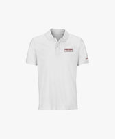 Vue de face du polo blanc Salut Fred avec broderie « Thérap(e)ute. À votre service » sur la poitrine gauche